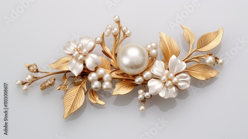 Elegant vintage gold brooch adorned with pearls and floral design on a smooth white background