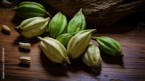 Freshly harvested green cardamom pods displayed on a rustic wooden surface showcasing their natural textures and colors.