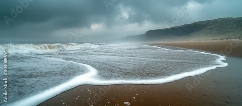 Dramatic coastal landscape featuring a sandy beach and turbulent waves under overcast skies on a moody day photo