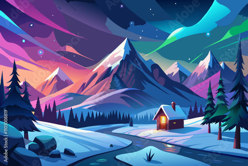 A cozy winter cabin nestled in a vibrant mountain landscape under a spectacular aurora.