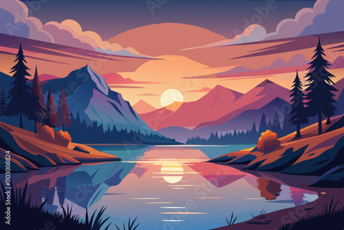 Serene mountain lake sunset landscape illustration