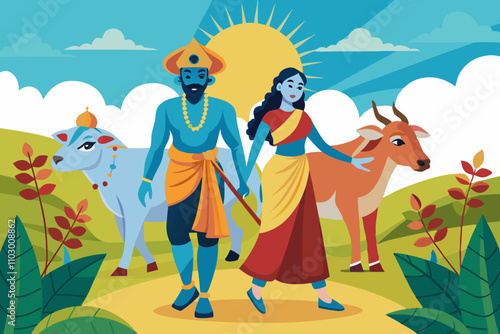 A vibrant illustration depicting the Hindu deities Krishna and Radha, holding hands, walking through a picturesque landscape.