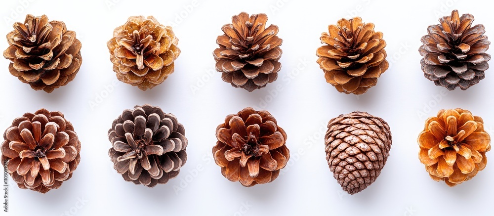Various pine cones arranged in a row against a clean white background showcasing diverse shapes and colors for nature-themed design uses. Various pine cones arranged in a row against a clean white background showcasing diverse shapes and colors for nature-themed design uses.
