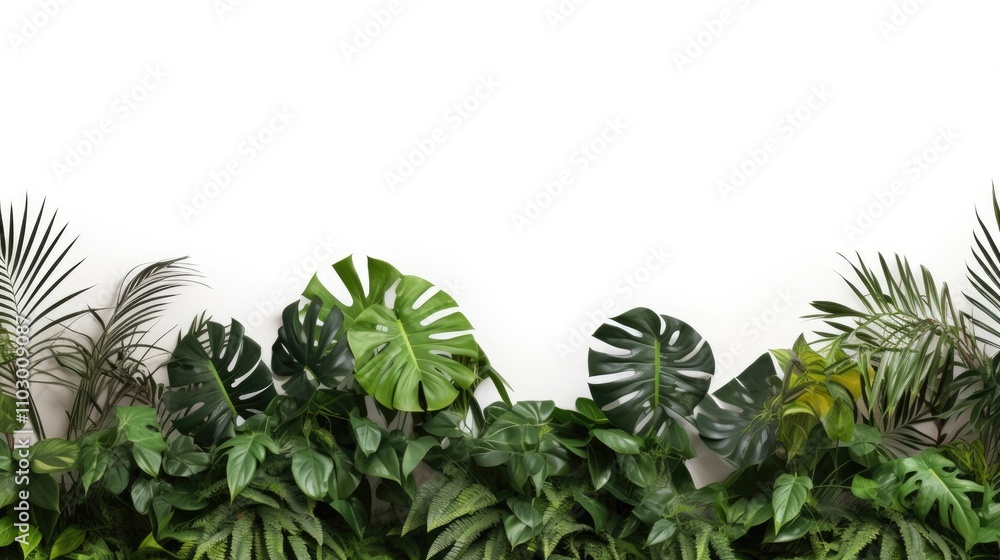 Fototapeta premium Tropical plant foliage arrangement vibrant green leaves garden display against a clean white background natural botanical scenery