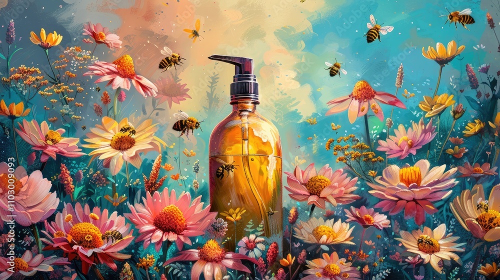 Colorful spray bottle surrounded by bees and flowers in a vibrant garden Colorful spray bottle surrounded by bees and flowers in a vibrant garden