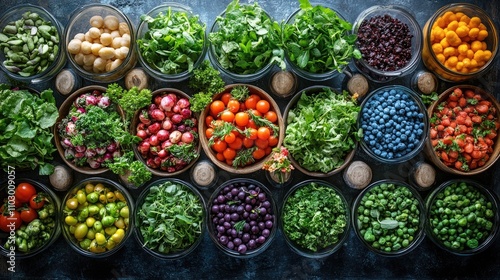 Healthy detox food assortment with fresh vegetables and fruits in bowls on dark background for wellness and nutrition concepts photo