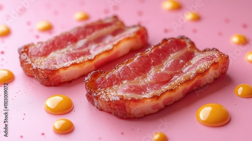 Cooked bacon strips with vibrant yellow sauce droplets on a pink background creating a striking contrast for food photography. photo