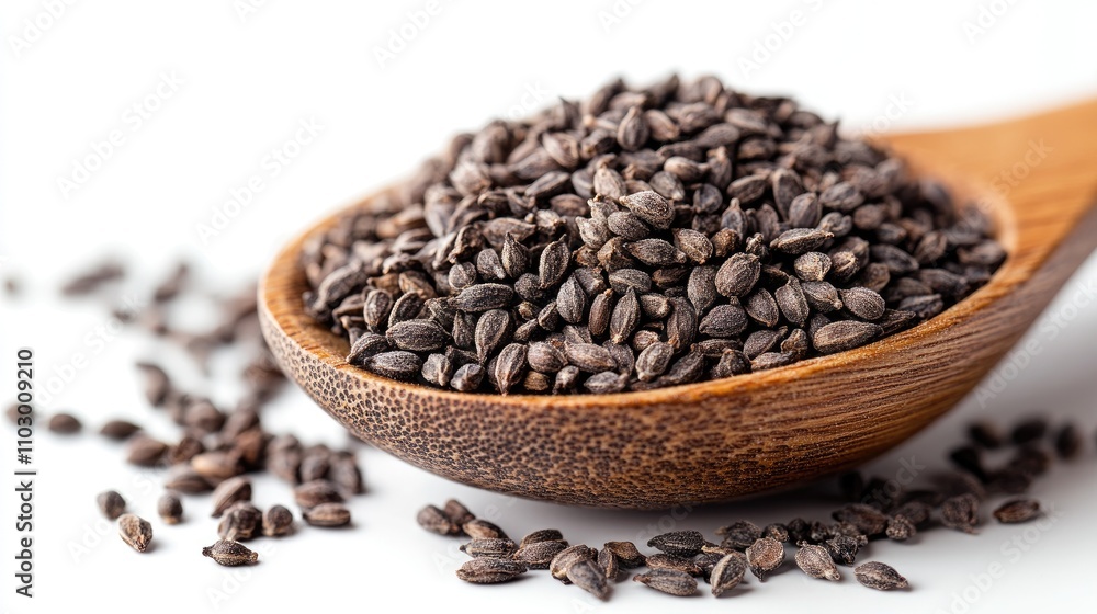 Milk thistle seeds on a wooden spoon emphasizing natural hepatoprotector benefits against a clean white background Milk thistle seeds on a wooden spoon emphasizing natural hepatoprotector benefits against a clean white background