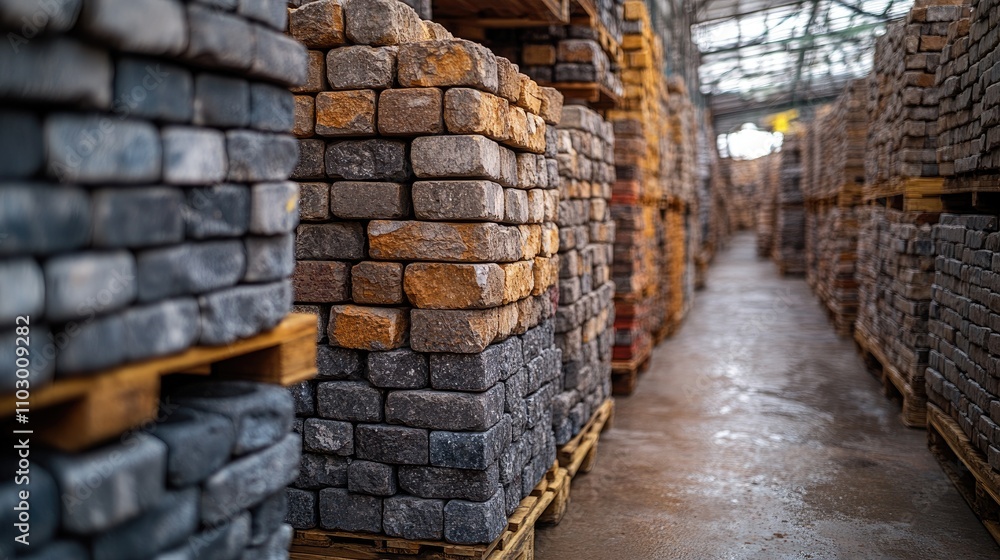 Pallets of stacked bricks showcasing masonry materials in a warehouse with organized stonework for construction projects Pallets of stacked bricks showcasing masonry materials in a warehouse with organized stonework for construction projects