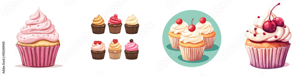 Flat style illustration of cupcakes, isolated on white background. Mix Collection PNG. Flat style illustration of cupcakes, isolated on white background. Mix Collection PNG.