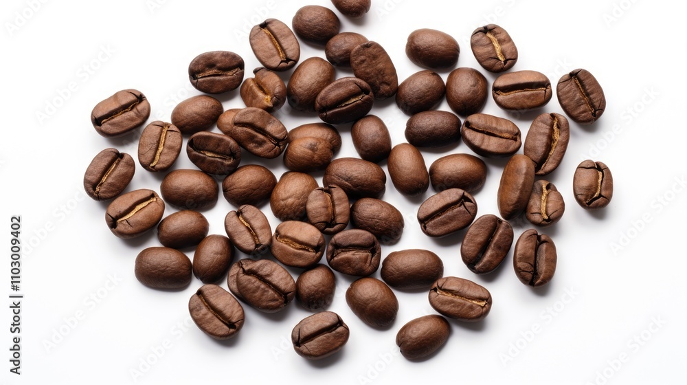 Freshly roasted coffee beans arranged on a clean white background showcasing their rich color and texture for coffee enthusiasts and marketing. Freshly roasted coffee beans arranged on a clean white background showcasing their rich color and texture for coffee enthusiasts and marketing.