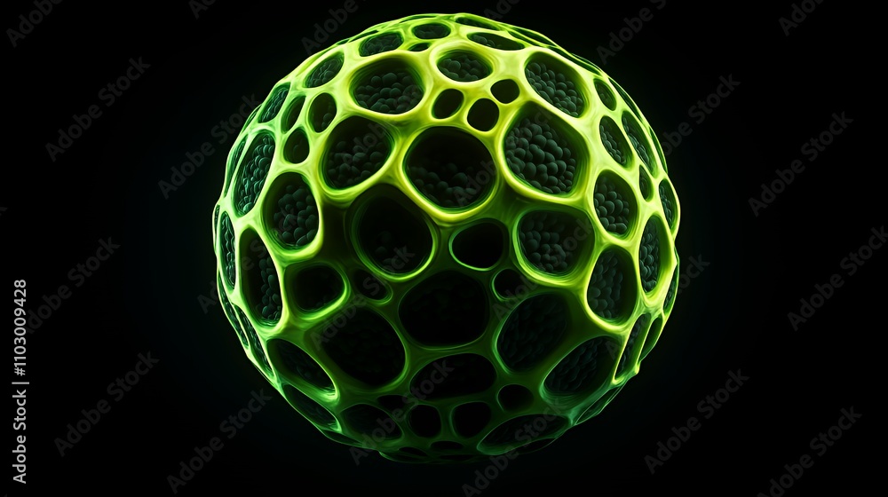 A glowing green sphere with a honeycomb-like structure, suggesting microscopic life or cells. A glowing green sphere with a honeycomb-like structure, suggesting microscopic life or cells.