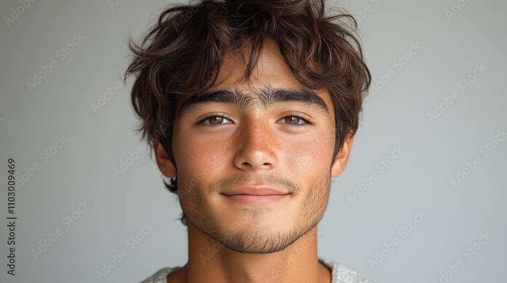 Young man making a playful facial expression against a neutral background showcasing charm and youthful energy. Young man making a playful facial expression against a neutral background showcasing charm and youthful energy.