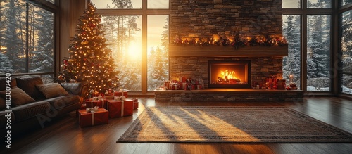 Wallpaper Mural Cozy modern interior with decorated Christmas tree presents under tree and warm fireplace basking in sunset glow winter ambiance Torontodigital.ca