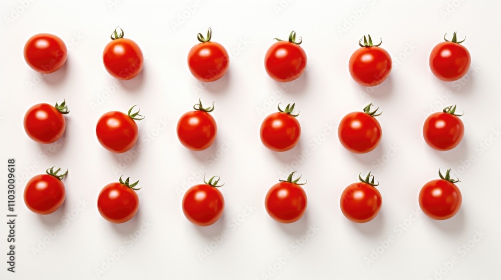 Fresh vibrant cherry tomatoes arranged neatly on a clean white background showcasing their rich color and appealing shape for culinary use. Fresh vibrant cherry tomatoes arranged neatly on a clean white background showcasing their rich color and appealing shape for culinary use.