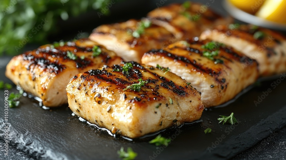 Grilled chicken fillets garnished with herbs served on a slate plate with fresh ingredients and a side of lemon slices Grilled chicken fillets garnished with herbs served on a slate plate with fresh ingredients and a side of lemon slices