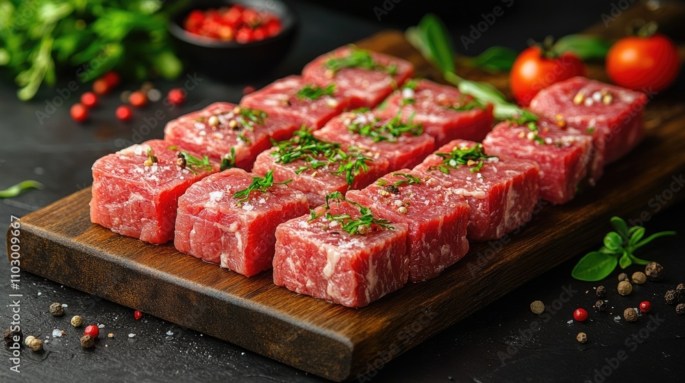Marinated pork cubes arranged on a wooden board ready for cooking with fresh herbs and spices Marinated pork cubes arranged on a wooden board ready for cooking with fresh herbs and spices