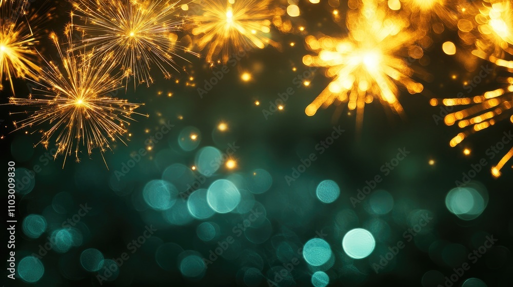 Vibrant golden fireworks burst against a bokeh backdrop, complemented by a rich dark green texture and ample space for text overlay. Vibrant golden fireworks burst against a bokeh backdrop, complemented by a rich dark green texture and ample space for text overlay.