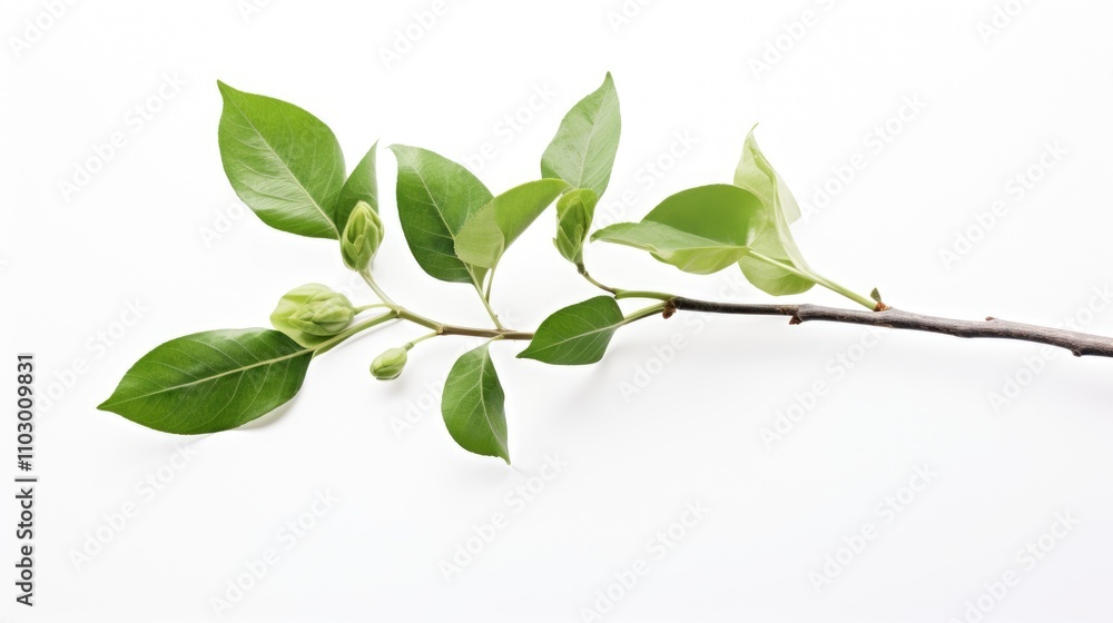 Green foliage with flower buds on a branch against a clean white background featuring nature's beauty and botanical detail. Green foliage with flower buds on a branch against a clean white background featuring nature's beauty and botanical detail.