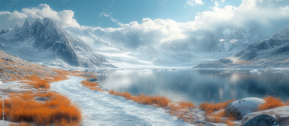 Naklejka premium Serene Glacier Landscape with Walking Path and Reflections in Calm Water under a Dramatic Sky