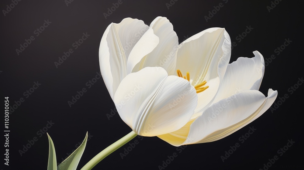 Elegant White Tulip Bloom on Dark Background Showcasing Delicate Petals and Vibrant Yellow Stamen for Nature and Floral Themes Elegant White Tulip Bloom on Dark Background Showcasing Delicate Petals and Vibrant Yellow Stamen for Nature and Floral Themes