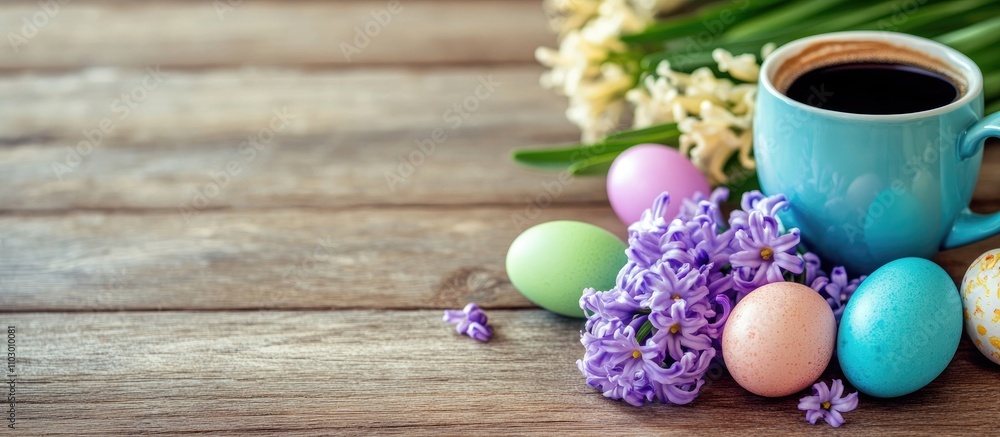 Spring scene featuring hyacinths flowers, a turquoise mug of coffee, and pastel Easter eggs arranged on a rustic wooden table. Spring scene featuring hyacinths flowers, a turquoise mug of coffee, and pastel Easter eggs arranged on a rustic wooden table.