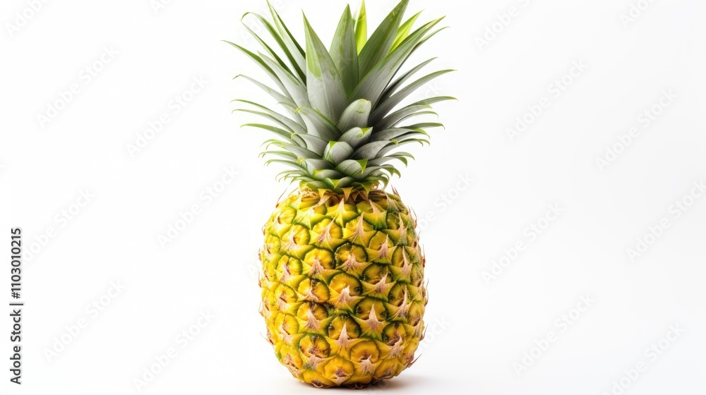 Ripe pineapple isolated on a clean white background showcasing its vibrant color and detailed texture for culinary or tropical themes.
