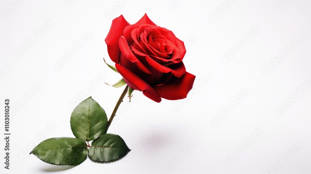 Elegant single red rose with green leaves isolated on a clean white background symbolizing love and beauty in nature Elegant single red rose with green leaves isolated on a clean white background symbolizing love and beauty in nature