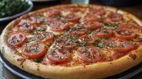 Freshly baked pizza with tomatoes, olives, and herbs on a rustic wooden table in a vibrant restaurant setting. photo