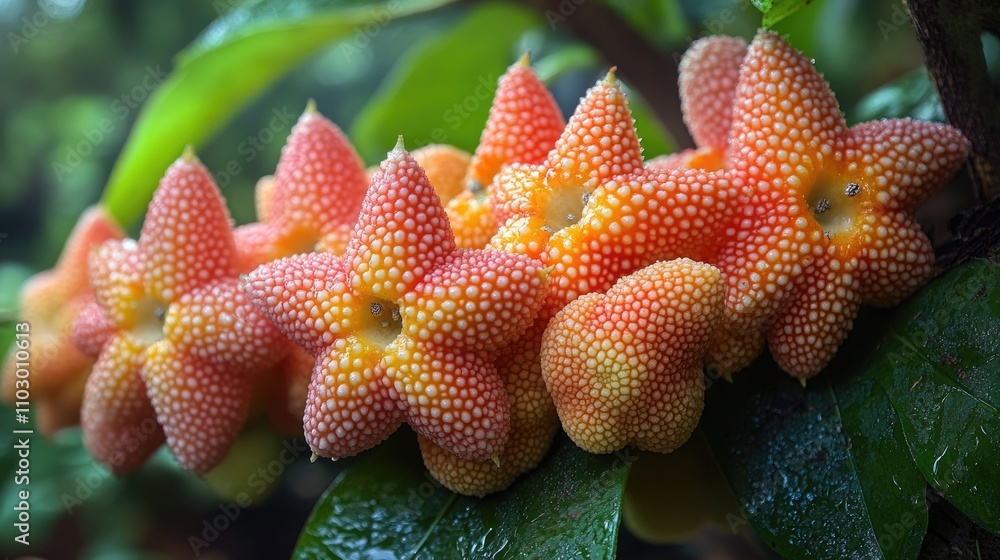 Vibrant tropical fruits shaped like stars showcasing unique textures and colors on lush green foliage in a natural setting Vibrant tropical fruits shaped like stars showcasing unique textures and colors on lush green foliage in a natural setting