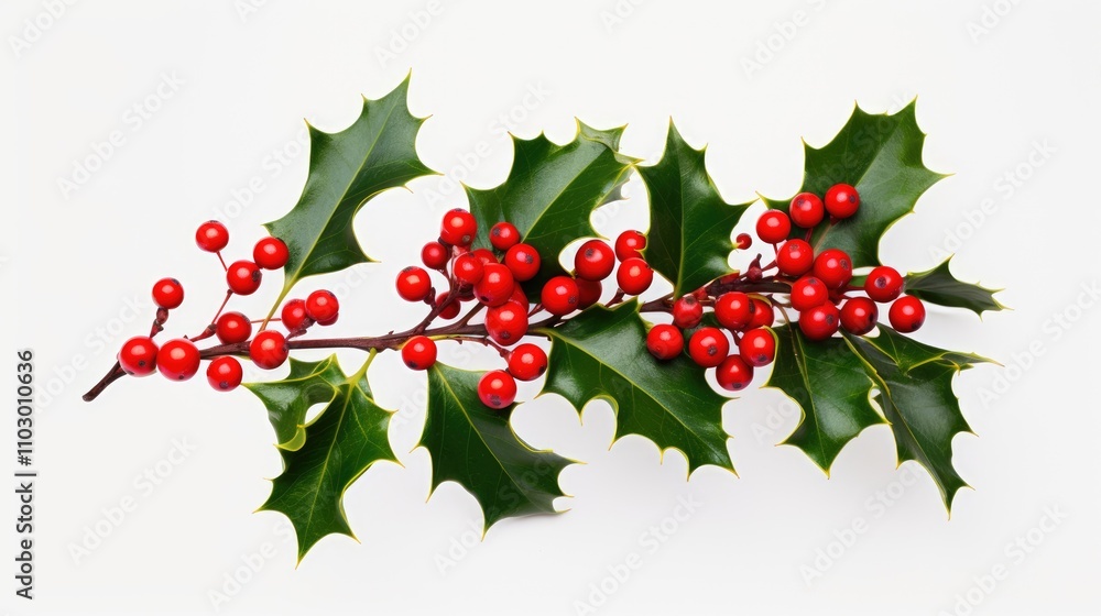 Fototapeta premium Holly berry plant with vibrant red berries and green leaves isolated on a white background for decorative purposes