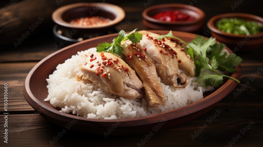Steamed chicken with rice garnished with herbs and spices served on a wooden table with condiments in background Steamed chicken with rice garnished with herbs and spices served on a wooden table with condiments in background