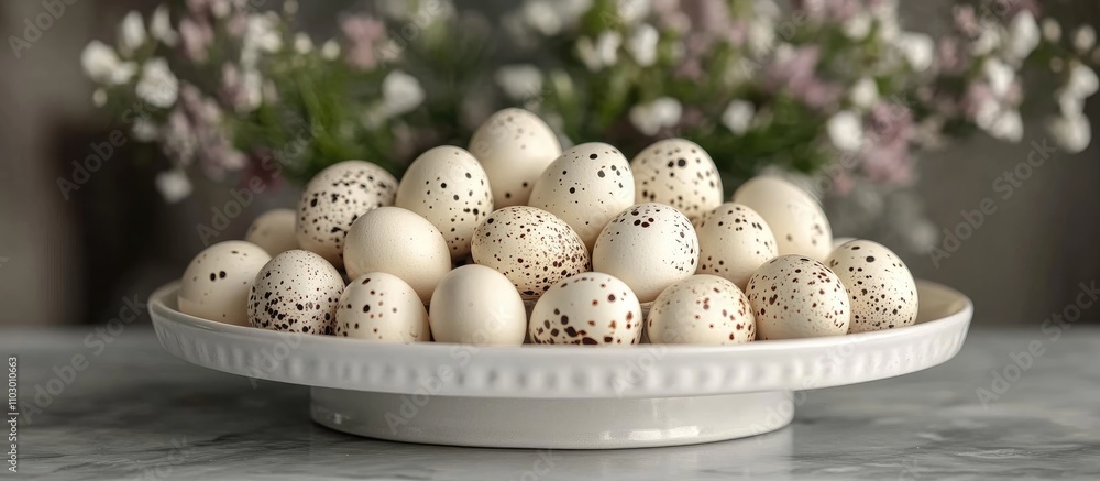 Elegant white two tier serving tray showcasing decorated quail eggs surrounded by delicate flowers for a festive greeting card design. Elegant white two tier serving tray showcasing decorated quail eggs surrounded by delicate flowers for a festive greeting card design.
