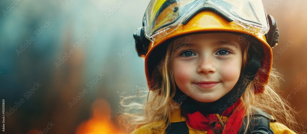 Young girl in fireman uniform promoting fire safety and awareness with a warm smile in a dramatic outdoor setting. Young girl in fireman uniform promoting fire safety and awareness with a warm smile in a dramatic outdoor setting.