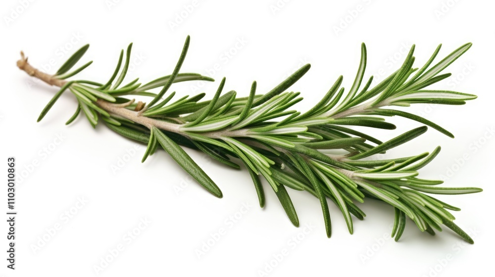 Fototapeta premium Fresh rosemary sprig isolated on a clean white background showcasing its vibrant green color and unique needle-like leaves