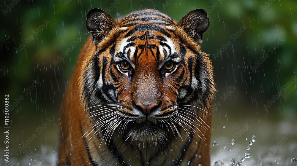 Naklejka premium Majestic male tiger emerging from rain-soaked forest highlighting its fierce gaze during monsoon season safari adventure