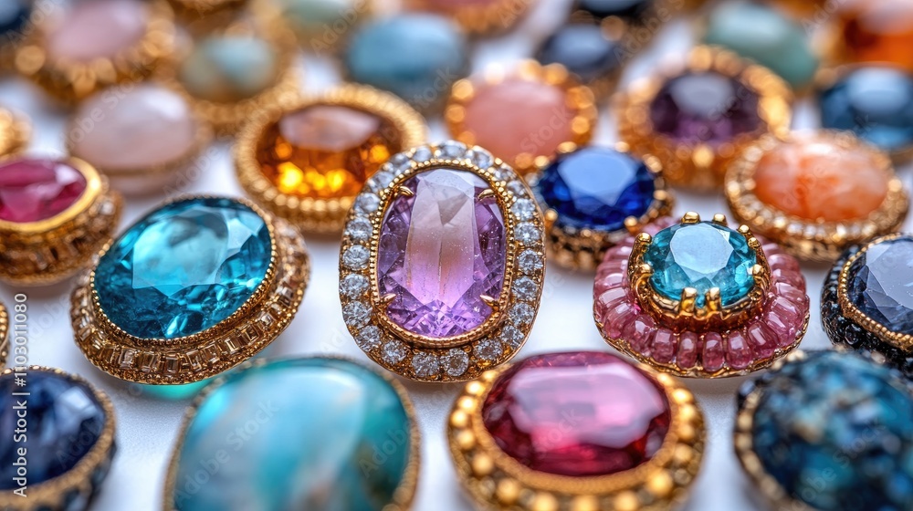 Macro photograph of colorful handmade women's jewelry with natural stones featuring rings earrings and necklaces on a white background Macro photograph of colorful handmade women's jewelry with natural stones featuring rings earrings and necklaces on a white background
