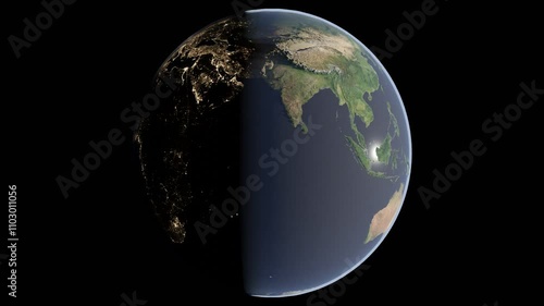 Half Night to Day PM to AM Earth Rotation No Cloud Rotate Seamless Loop Animation Transparent Background Alpha Channel