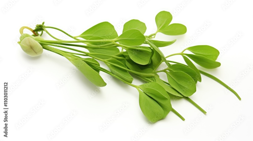 Fresh Moringa pods with leaves isolated on white Organic herbal plant Natural food ingredient for healthy cooking and nutrition Fresh Moringa pods with leaves isolated on white Organic herbal plant Natural food ingredient for healthy cooking and nutrition