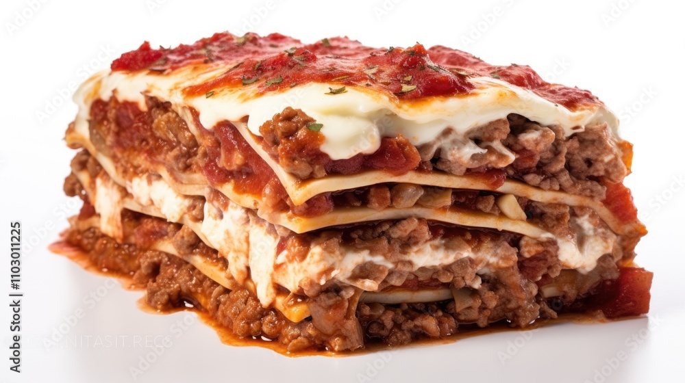 Lasagna dish showcasing rich layers of meat sauce and cheese on a white background highlighting culinary delight and Italian cuisine Lasagna dish showcasing rich layers of meat sauce and cheese on a white background highlighting culinary delight and Italian cuisine