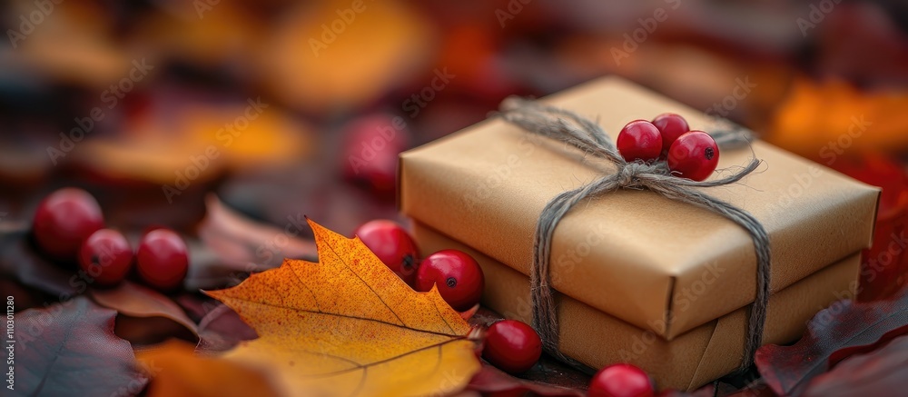 Autumn leaves and wrapped gifts create a festive atmosphere for fall celebrations and holidays in nature's vibrant colors Autumn leaves and wrapped gifts create a festive atmosphere for fall celebrations and holidays in nature's vibrant colors