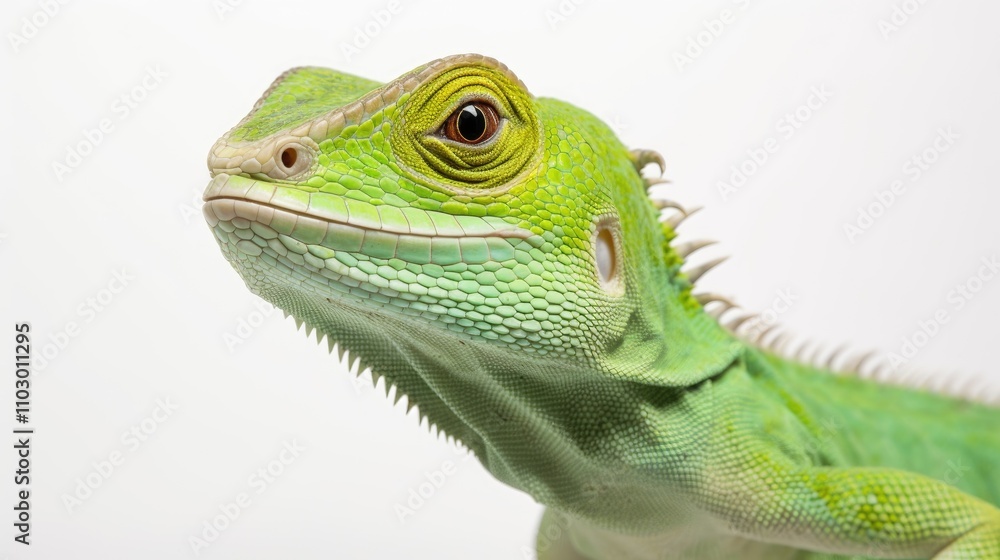 Fototapeta premium Close-up of a vibrant green lizard showcasing intricate skin details against a clean white background for wildlife and nature themes