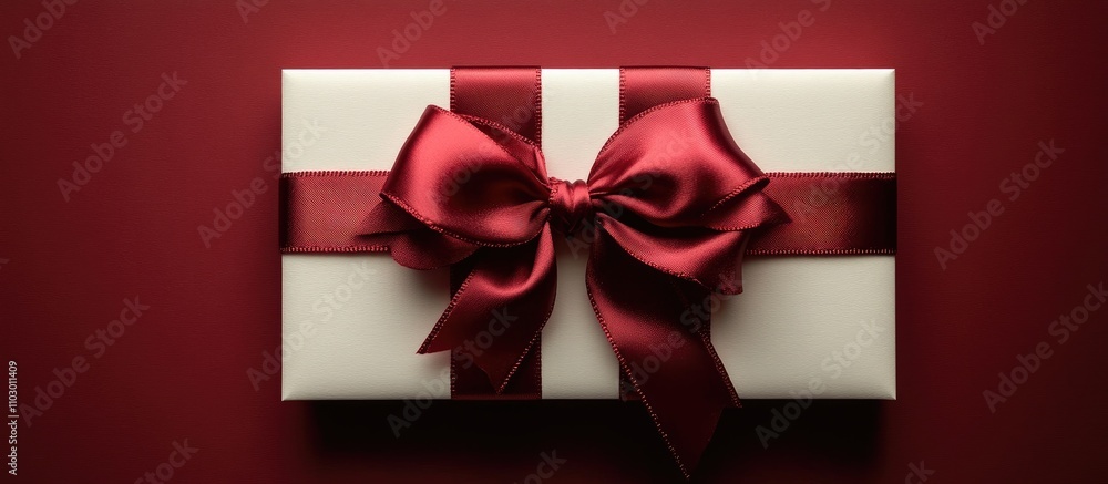 Elegant white gift box with a luxurious red silk ribbon bow on a rich red background creating a festive and sophisticated atmosphere Elegant white gift box with a luxurious red silk ribbon bow on a rich red background creating a festive and sophisticated atmosphere