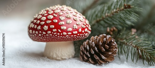 Mushroom ornament with snow and pine cone festive holiday decor on white background photo