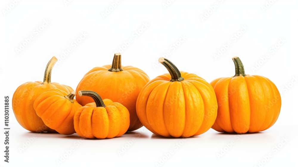 Assorted ripe orange pumpkins displayed on a clean white background ideal for seasonal autumn themes and festive decor concepts Assorted ripe orange pumpkins displayed on a clean white background ideal for seasonal autumn themes and festive decor concepts