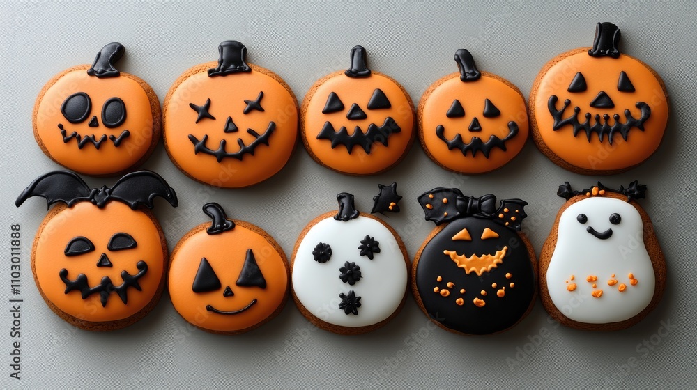 Halloween themed gingerbread cookie collection on a white background featuring pumpkins ghosts and spooky designs Halloween themed gingerbread cookie collection on a white background featuring pumpkins ghosts and spooky designs