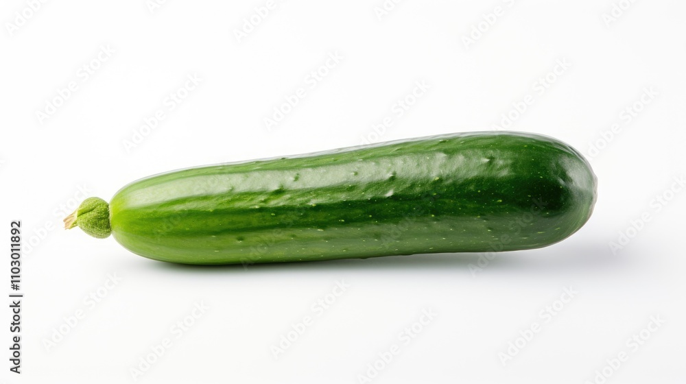 Fresh green cucumber displayed on a clean white background showcasing its vibrant color and smooth texture for culinary use. Fresh green cucumber displayed on a clean white background showcasing its vibrant color and smooth texture for culinary use.