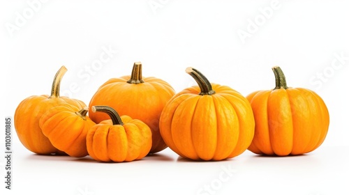 Assorted ripe orange pumpkins displayed on a clean white background ideal for seasonal autumn themes and festive decor concepts