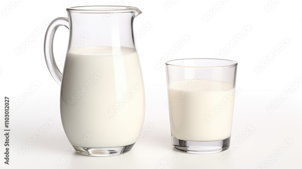 Glass jug and transparent glass filled with fresh milk on a bright white background illustrating dairy products and nutrition concepts Glass jug and transparent glass filled with fresh milk on a bright white background illustrating dairy products and nutrition concepts