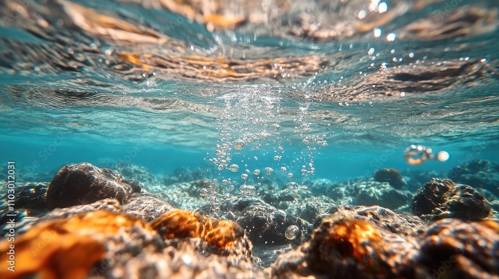 Fototapeta premium Underwater scene showcasing clear water with bubbles and rocky seabed in a serene environment.